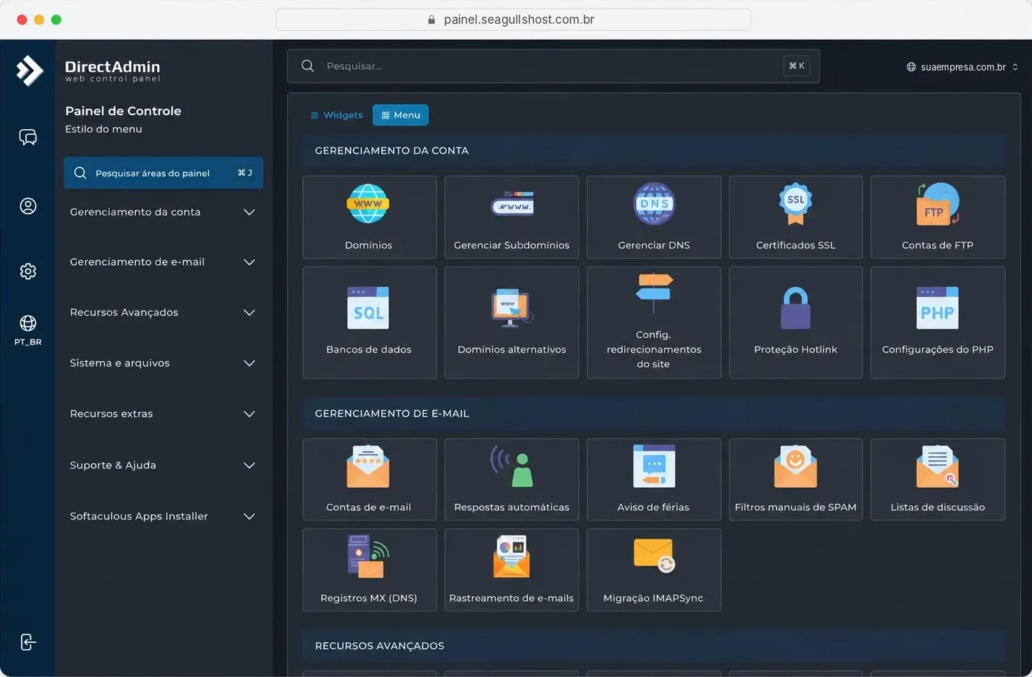 Painel DirectAdmin com atalhos para domínios, DNS, certificados SSL, bancos de dados, contas de e‑mail e filtros de spam